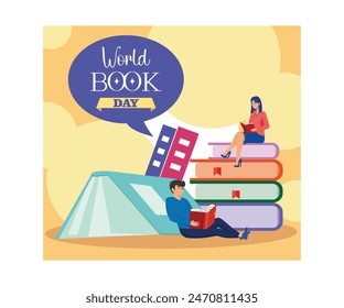 World Book Day. A girl and a boy read a book against the background of a large pile of books. flat vector modern illustration 