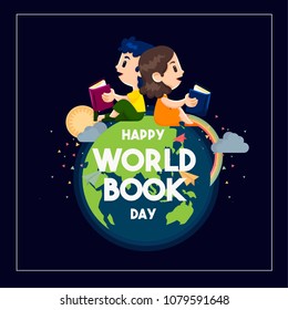 World book day, girl reading book and her brother reading books on a world earth planet