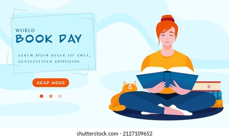 World Book Day. A girl is reading a book with a cat sitting. Vector graphics