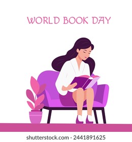 World Book Day. The girl is reading a book. Flat vector illustration