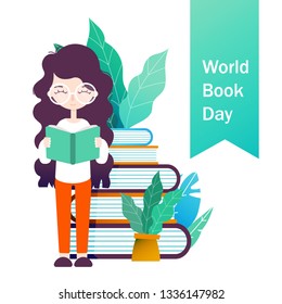 World Book Day. A girl stands near a pile of books and reads. Vector poster