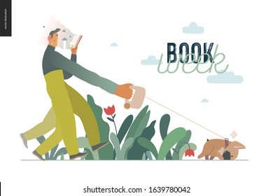 World Book Day graphics, dog walk template, book week events. Modern flat vector concept illustrations of reading people -a young man reading a book with enthusiasm, walking a bulldog pulling a leash