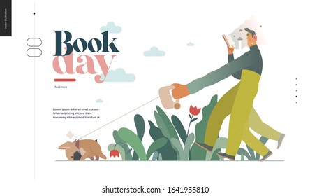 World Book Day graphics, dog walk web template, book week events. Modern flat vector concept illustrations of reading people -a man reading a book with enthusiasm, walking a bulldog pulling a leash