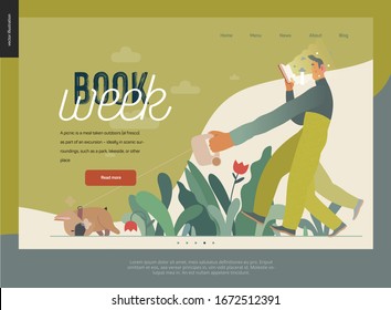 World Book Day graphics, dog walk web template, book week events. Modern flat vector concept illustrations of reading people -a man reading a book with enthusiasm, walking a bulldog pulling a leash