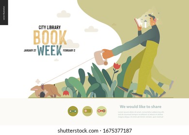 World Book Day graphics, dog walk web template, book week events. Modern flat vector concept illustrations of reading people -a man reading a book with enthusiasm, walking a bulldog pulling a leash