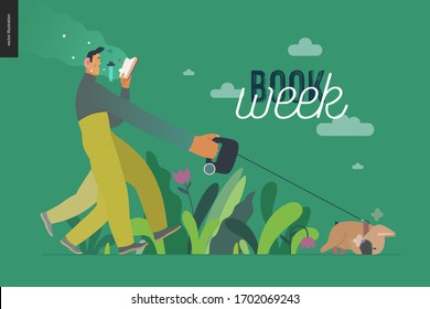 World Book Day graphics, dog walk template, book week events. Modern flat vector concept illustrations of reading people -a young man reading a book with enthusiasm, walking a bulldog pulling a leash