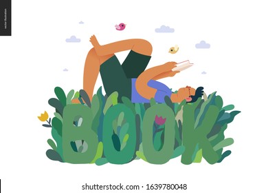 World Book Day graphics, grass -book week events. Modern flat vector concept illustrations of reading people -a brunette man laying down in the grass, reading a book