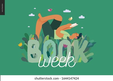 World Book Day graphics, grass -book week events. Modern flat vector concept illustrations of reading people -a brunette man laying down in the grass, reading a book