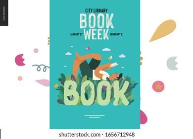 World Book Day graphics, poster grass -book week events. Modern flat vector concept illustrations of reading people -a brunette man laying down in the grass, reading a book