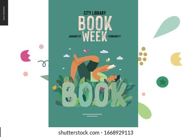 World Book Day graphics, poster grass -book week events. Modern flat vector concept illustrations of reading people -a brunette man laying down in the grass, reading a book