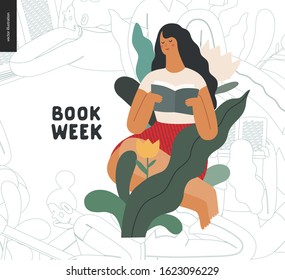 World Book Day graphics - book week events. Modern flat vector concept illustrations of reading people - a young brunette woman reading a book sitting surrounded by plants