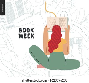 World Book Day graphics - book week events. Modern flat vector concept illustrations of reading people - a young red-haired woman reading a book sitting in the lotus