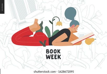 World Book Day graphics - book week events. Modern flat vector concept illustrations of reading people - a young blue-haired woman reading a book laying down surrounded by plants and blossom flowers