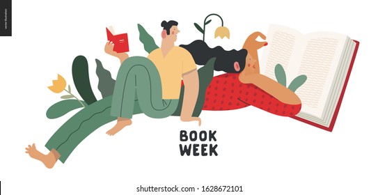 World Book Day graphics - book week events. Modern flat vector concept illustrations of reading people - a young brunette woman reading a book laying down surrounded by plants and young sitting man