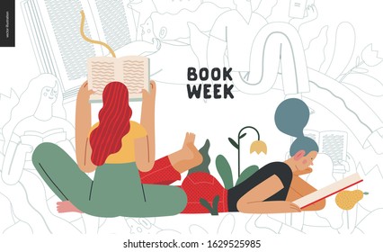 World Book Day graphics - book week events. Modern flat vector concept illustrations of reading people - a young woman reading a book laying down surrounded by plants and young sitting woman