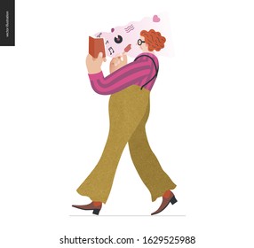 World Book Day graphics -book week events. Modern flat vector concept illustrations of reading people -a red-haired man wearing vinatge outlook walking, eating ice cream, reading a book about music