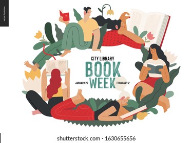 World Book Day graphics -book week events. Modern flat vector concept illustrations of reading people -young men and women reading book sitting and laying down surrounded by plants and blossom flowers