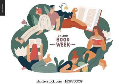 World Book Day graphics -book week events. Modern flat vector concept illustrations of reading people -young men and women reading book sitting and laying down surrounded by plants and blossom flowers