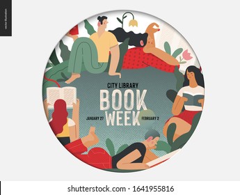 World Book Day graphics -book week events. Modern flat vector concept illustrations of reading people -young men and women reading book sitting and laying down surrounded by plants and blossom flowers