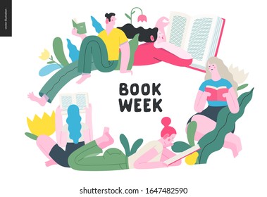 World Book Day graphics -book week events. Modern flat vector concept illustrations of reading people -young men and women reading book sitting and laying down surrounded by plants and blossom flowers