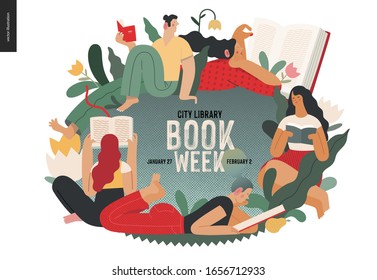 Gráficos del Día Mundial del Libro - reservar eventos de la semana. Concepto moderno de vectores planos ilustraciones de la lectura de personas -hombres y mujeres jóvenes leyendo libros sentados y sentados rodeados de plantas y flores de flores de flores