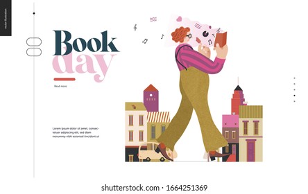 World Book Day graphics -book week events. Modern flat vector concept illustrations of reading people -a red-haired man wearing vinatge outlook walking in town, eating ice cream, reading a music book