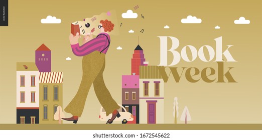 World Book Day graphics -book week events. Modern flat vector concept illustrations of reading people -a red-haired man wearing vinatge outlook walking in town, eating ice cream, reading a music book