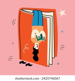 World Book Day graphics - book week events. Modern flat vector concept illustration of reading people, young women reading book laying down in retro style