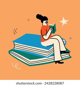 World Book Day graphics - book week events. Modern flat vector concept illustration of reading people, young women sitting and reading book in retro style