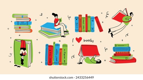 World Book Day graphics - book week events. Modern flat vector concept illustration of reading people, young man reading book flying in the sky in retro style