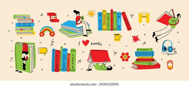 World Book Day graphics - book week events. Modern flat vector concept illustration of reading people, young man reading book flying in the sky in retro style