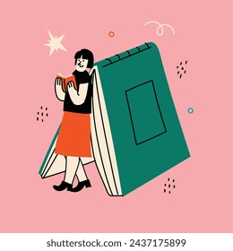 World Book Day graphics - book week events. Modern flat vector concept illustration of reading people, young woman reading book standing near big book in retro style