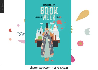 World Book Day graphics, woman cooking poster template, book week events. Modern flat vector concept illustrations of reading people -a woman reading a detective story, boiling a soup standing back
