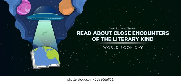 Cartel de saludo del Día Mundial del Libro con el tema del secuestro extranjero de ciencia ficción. Secuestro de OVNI en la tierra a partir de un libro abierto al estilo de corte de papel. "Lee acerca de encuentros cercanos de tipo literario. Vector. EPS 10.