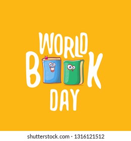 World book day greeting card with funky cartoon smiling book character isolated on orange background. Vector Book day label or logo