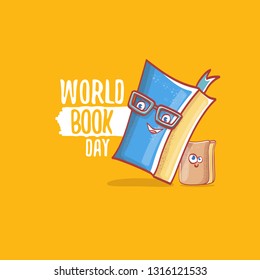 World book day greeting card with funky cartoon smiling book character isolated on orange background. Vector Book day label or logo