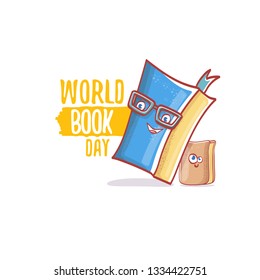 World book day greeting card with funky cartoon smiling book character isolated on blue background. Vector Book day label or logo