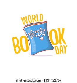 World book day greeting card with funky cartoon smiling book character isolated on blue background. Vector Book day label or logo