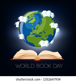 World Book Day greeting card with open book and Earth globe with clouds, light on dark blue background. Cartoon vector illustration.