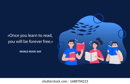 World Book Day. A group of young people reads books underwater. Education concept with a quote about books. Vector flat illustration.