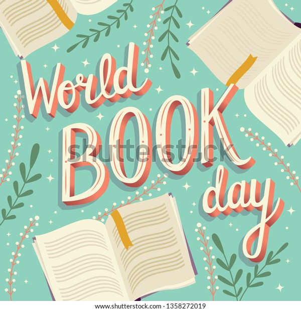 World book day, hand lettering\
typography modern poster design with open books, vector\
illustration