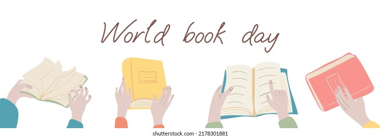 World Book Day. Hands Holding Open And Closed Books Isolated On White Background. Education And Reading Books Concept. Hand Drawn  Vector Illustration