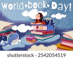 World Book Day. Happy little girl swims across ocean on stack of books. Child loves to read books and literature. Dive into world of knowledge. Cartoon hand drawn vector illustration