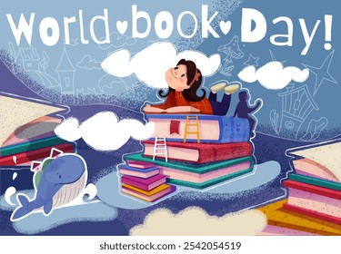 World Book Day. Happy little girl swims across ocean on stack of books. Child loves to read books and literature. Dive into world of knowledge. Cartoon hand drawn vector illustration