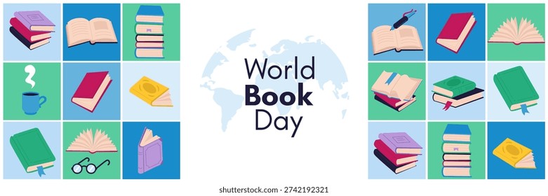 World Book Day Horizontal Banner, Reading and Education Concept in Modern Flat Style