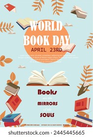 Ilustración del Día Mundial del Libro con libros y objetos relacionados con la lectura