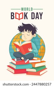 World book day illustration. A boy reading book, isolated a globe in background. book cover, poster, banner design.