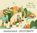 World book day illustration with cute miniature people and books on serene forest background.