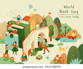 World book day illustration with cute miniature people and books on serene forest background.