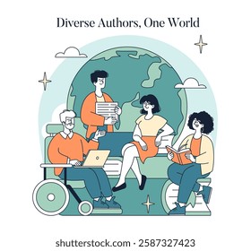 World Book Day illustration. Diverse authors represent various backgrounds, engaging in literature discussions. Storytelling unites readers globally, showcasing inclusion and creativity. Vector